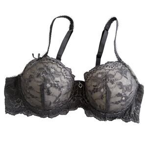 Frederick’s of Hollywood Gray Lace Underwire Bra 36C Rhinestone Heart Bling